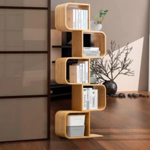 Modern Bamboo Bookshelf, Large Capacity Creative Display Curved Rack Free-Standing Bedside Table 2 in 1 Bookcase Storage CDs
